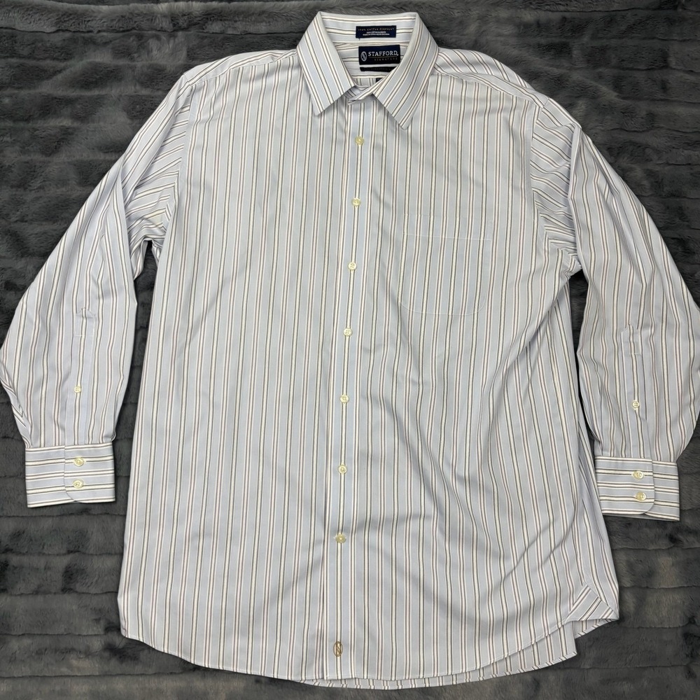 Stafford Signature Mens 16.5 32/33 Blue White Striped Cotton Dress Shirt Classic